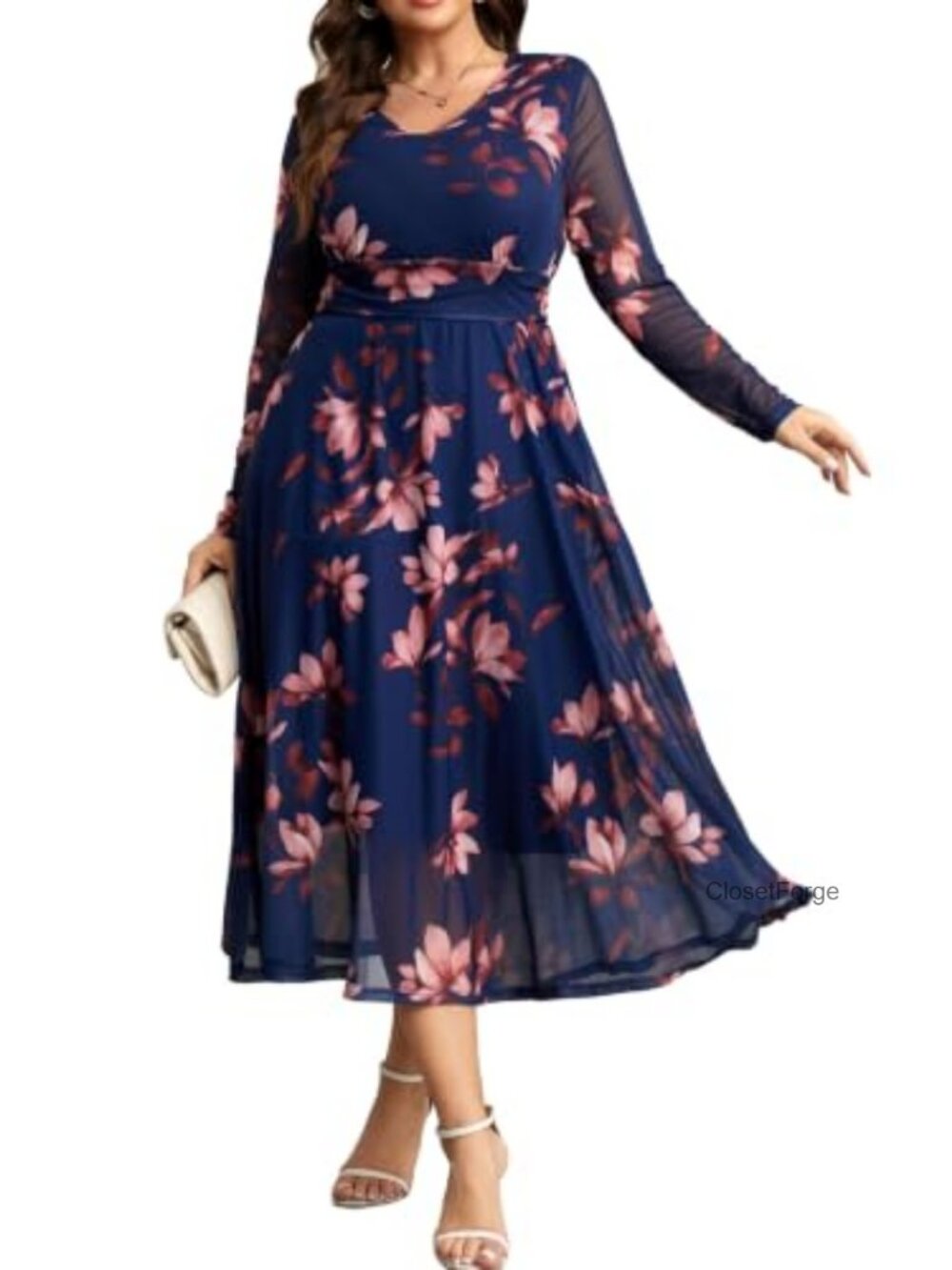 Plus Size Floral Mesh Maxi Dress V Neck Long Sleeve Fall Wedding Guest